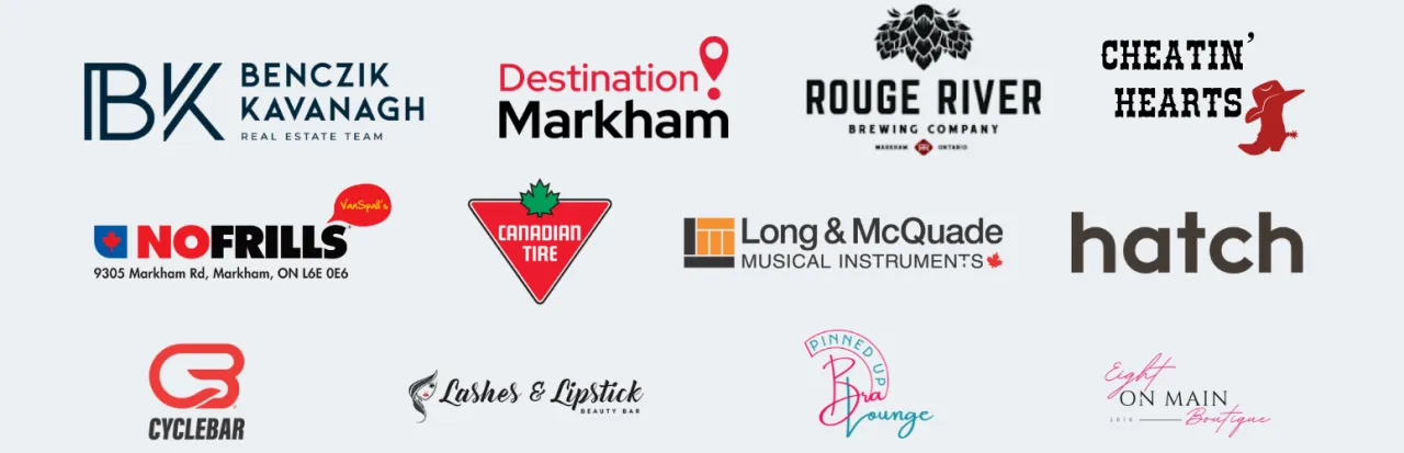 Kickin' It Country at Markham Museum on July 5th sponsors, from left to right: Benczik Kavanagh Real Estate Team, Destination Markham, Rouge River Brewing Company, Cheatin' Hearts, No Frills, Canadian Tire Markham, Long and McQuade, Hatch, CycleBar Markham, Lipstick and Lashes, Pinned Up Bra, and Eight on Main Boutique.