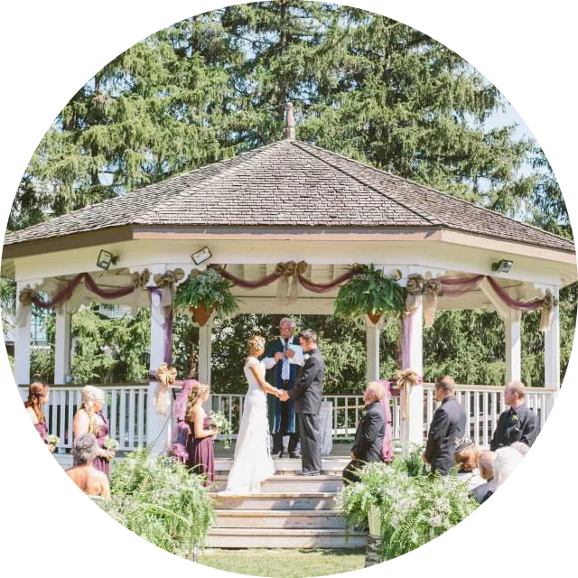 Outdoor wedding taking place at Markham Museum.