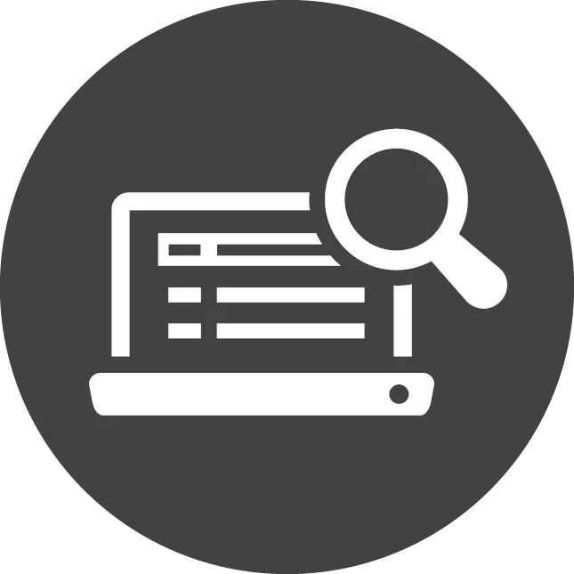 Icon of magnifying glass looking at laptop.