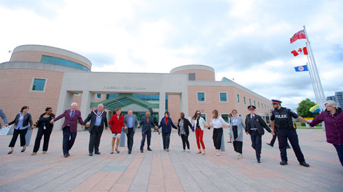 J'net Ayayqwayaksheelth and Sue Croweagle lead a friendship dance and tobacco offering outside the Markham Civic Centre, followed by a closing song