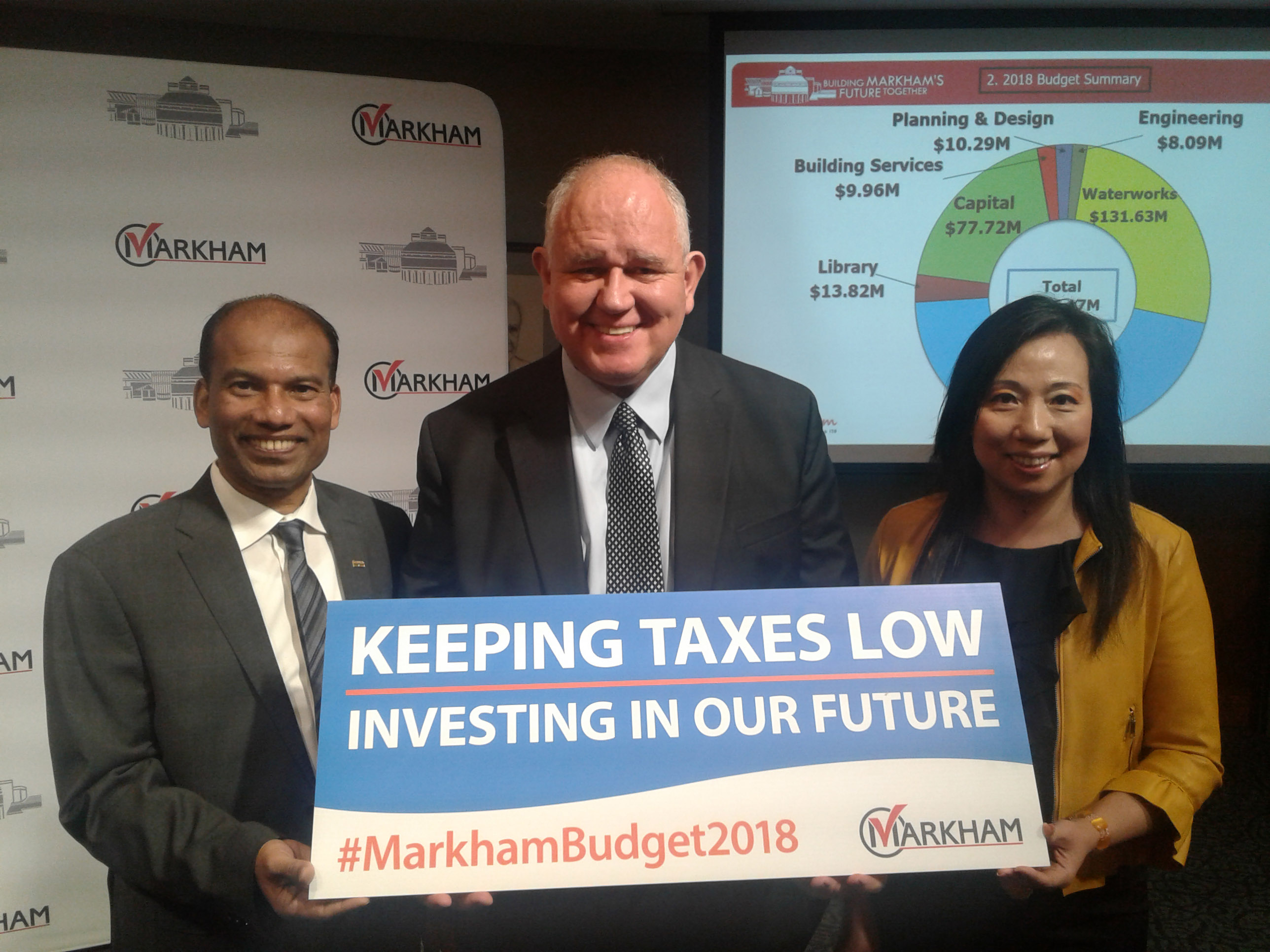 image:Left to Right: Budget Chief Councillor Logan Kanapathi, Mayor Frank Scarpitti and Budget Vice-Chair Councillor Amanda Collucci at Markham's 2018 Budget news conference.