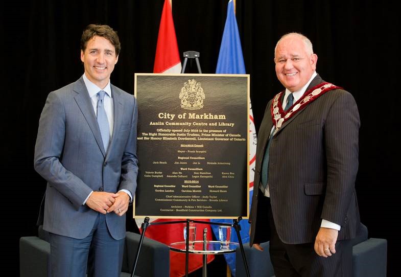 The Right Honourable Justin Trudeau, Prime Minister of Canada is welcomed by Markham Mayor Frank Scarpitti to dedicate the Official Opening of the Aaniin Community Centre & Library.